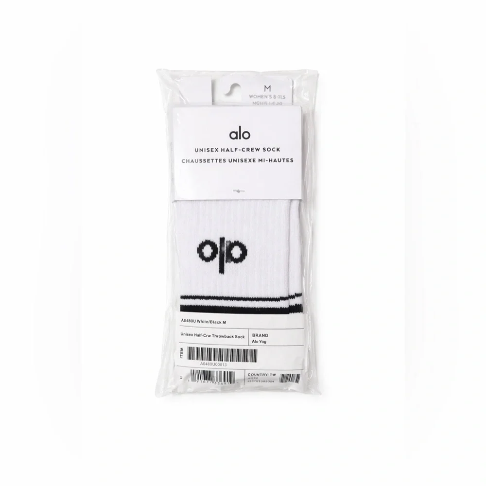ALO Yoga Half Crew Throwback Socks White Black Unisex-Size Med-NWT - Picture 2 of 10